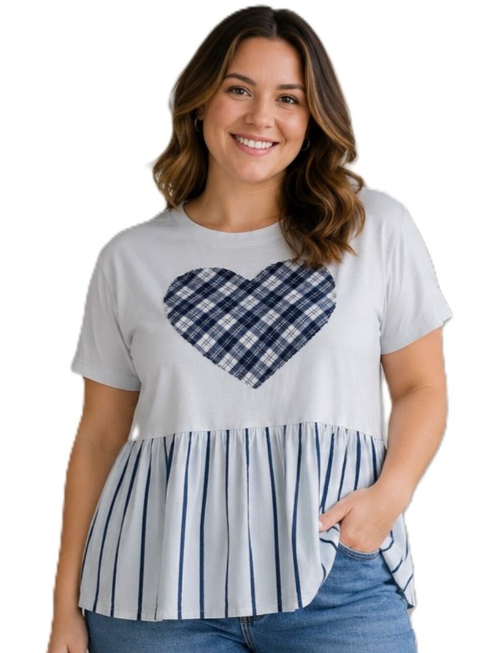 Upcycled Peplum T-Shirt Top Fits XL 1X 2X Reworked Plaid Heart Applique BluWhite - Picture 1 of 14